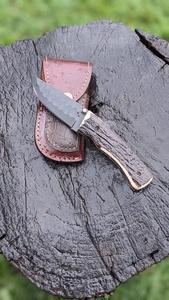 Couteau de poche pliant artisanal en acier inoxydable avec manche en bois de cerf et étui en cuir, couteaux de survie en gros, Pasha Enterprises - Product Image 6