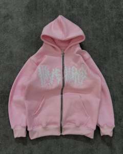 Rexfit Sports <b>Pink</b> Hooded Zip-Up <b>Sweatshirt</b> Unisex Casual Fleece Cotton Letter Print Front Design Autumn Wear Regular Fit - Product Image 5