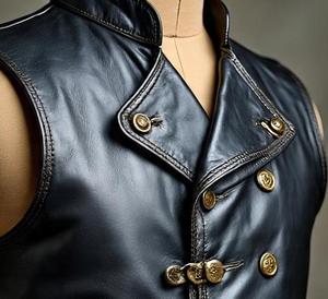 <b>Black</b> Genuine Leather Double Breasted <b>Vest</b> Stand Collar Button Closure Moto Biker Outerwear - Product Image 2