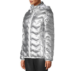 Women's <b>Silver</b> Quilted Puffer <b>Jacket</b> Hooded Zip Front Winter Coat Full Sleeve Polyester Wadding Outerwear - Product Image 3