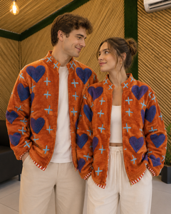 Chaqueta Bomber Unisex de Algodón Color Naranja Quemado, Bordado a Mano con Aplique de Corazón Morado, Cuello Alto Floral, Estilo Boho Tejido, para Verano - Product Image 1
