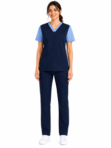 Blusa Médica Azul Marino para Mujer con Mangas Azul Claro y Diseño de Cuello en V, Uniforme Sanitario y Conjunto de Ropa de Trabajo para Enfermeras - Product Image 1