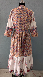 Algodón Lino Bloque Imprimir Maxi Vestido O-cuello Tie Dye Tejido Técnica Transpirable Vestido de vacaciones Botón Cinturón natural - Product Image 4