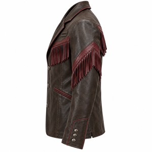 Chaqueta de Cuero Genuino Personalizada para Hombre, Estilo Western con Flecos, Piel de Vaca Auténtica, Color Marrón Oscuro Rojizo Vintage, Fabricante OEM ODM, Exportador Mayorista - Product Image 4