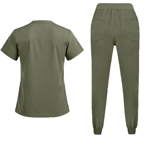Ensemble infirmier femme dernière mode, haut à manches courtes et pantalon, vert olive, uniforme d'hôpital, tissu coton et polyester - Product Image 1