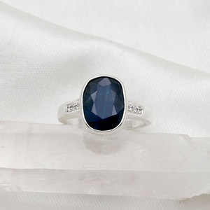 925 Sterling <b>Silver</b> Natural Blue Sapphire Gemstone <b>Ring</b> Bezel <b>Set</b> Band with cz Side Stones for Wedding Gift Everyday Wear - Product Image 2