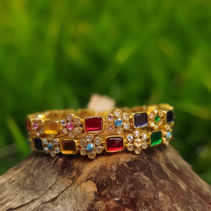 Navaratna Nine Gem Gold Plated Bangle-Trendy Pearl & Diamond Geometric Design - Product Image 3