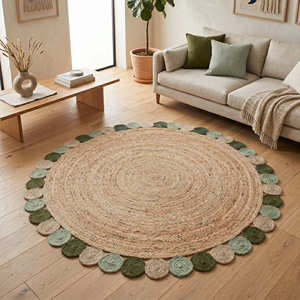 Tapis rond en jute tissé à la main avec pompons verts pour un style bohème, rustique et boutique - Product Image 1