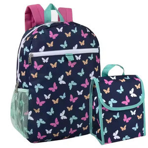 Butterfly Print Girls <b>Backpack</b> With Lunch Bag Softback Zipper Closure Lightweight Polyester School Use Cute Cartoon Pattern - Product Image 1
