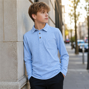 Polo à manches longues bleu clair pour garçons, en coton tricoté, uniforme scolaire, vêtements décontractés pour tous les jours, polos de golf pour enfants - Product Image 5