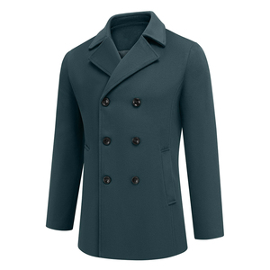 Classic Button Closure <b>Men's</b> Wool Jacket <b>Men's</b> Long Peacoat Deep Blue Green Color Slim Fit Thick Winter Windproof <b>Pea</b> <b>Coat</b> - Product Image 3