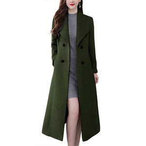 <b>Women</b> <b>Long</b> Wool <b>Coat</b> Double Breasted Notched Collar Solid Green Overcoat <b>Winter</b> Warm Office Lady Outerwear - Product Image 1