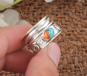 Wholesale Spiny Oyster Turquoise <b>Spinner</b> <b>Ring</b> 925 Sterling <b>Silver</b> Wide Band Swirl Filigree Meditation for Women Party Classic - Product Image 3