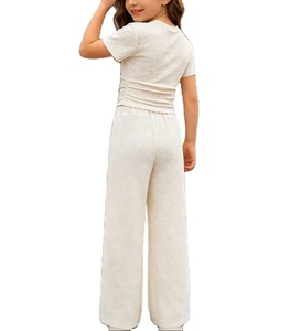 Ensemble décontracté 2 pièces pour filles : Haut ajusté en maille et pantalon large – Style urbain tendance, lavable, confortable pour l'extérieur - Product Image 2
