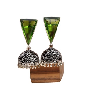 Pendientes Colgantes Vintage de Latón Plateado con Jade Verde Oxidado para Mujer, Regalo para Fiestas - Product Image 1