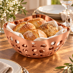 Modern Rose Gold Metal Bowl Storage Holder with Perforated Holes Lightweight Standing Basket for <b>Living</b> <b>Room</b> - Product Image 5