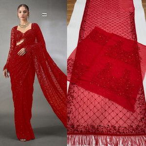 Sari Prayosha Export rouge scintillant pour femme, élégant, style indien et pakistanais, coupe régulière, extensible, sans plis, idéal pour mariage - Product Image 3