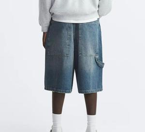 Shorts en jean vintage pour homme, coupe droite, style streetwear d'été, délavé foncé, effet usé, en coton, coupe ample, personnalisable - Product Image 2