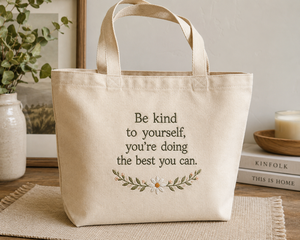 Bolsa de lona con diseño floral bordado Be Kind To Yourself, estilo minimalista, para todas las estaciones - Product Image 1