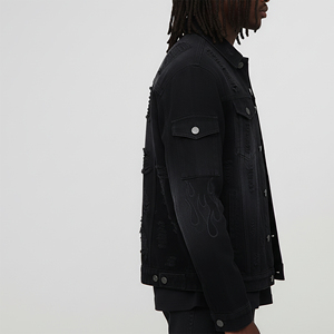 Veste en jean noire déchirée pour homme, style streetwear, fermeture boutonnée, tissu en coton, coupe classique, pour l'automne - Product Image 4