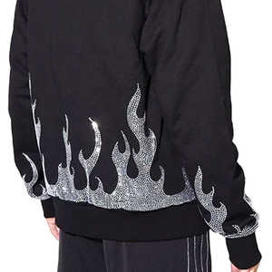 Sudadera con capucha negra para hombre con cremallera, estampado de llamas con pedrería, estilo urbano, corte oversize, manga regular, de algodón tejido, para otoño - Product Image 3