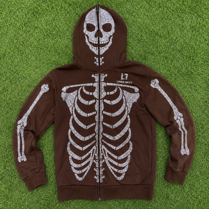 Men’s Brown Skeleton Rhinestone Hoodie with Full Zip Balaclava Mask, Crystal Skull Bone Pattern <b>Gothic</b> Hip Hop Streetwear <b>Jacket</b> - Product Image 6