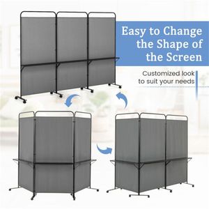 Paravento Pieghevole a 3 Pannelli Grigio con Ruote Bloccabili e 3 Ripiani Metallici, Divisorio Facile per il Contenimento degli Spazi - Product Image 4