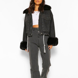<b>Women's</b> Denim Trucker <b>Jacket</b> with Turn-down Collar Cuffs Winter Full Sleeve Solid Color Single Button Closure Knitted Breathable - Product Image 3