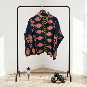 Cárdigan Holgado de Manga Larga con Cuello Alto y Estampado Floral Azul Marino para Mujer, 100% Algodón, Resistente al Viento, Marca Silkgram - Product Image 1