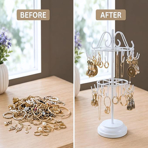 Support de rangement pour bijoux en métal à 2 niveaux avec 40 crochets, 360° °   Support rotatif pour boucles d'oreilles, colliers, bracelets et bagues, présentoir à bijoux - Product Image 4