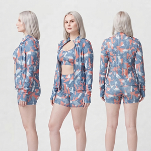 Women's Geometric Print 3-Piece Gym Set Training Jacket High Waist Shorts Sports <b>Bra</b> Set Spandex Polyester Workout Wear 3 PCS - Product Image 5