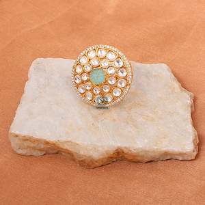 Ranya Pastel <b>Green</b> Polki Designer Zircon <b>Ring</b>-18K Gold Plated Statement Gemstone <b>Ring</b> for Women - Product Image 3