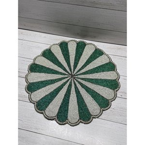 Scalloped Stripe Beaded Placemat Handmade <b>Round</b> Glass Bead Table <b>Mat</b> Burgundy White Dining Charger Plate Elegant Tabletop Decor - Product Image 3