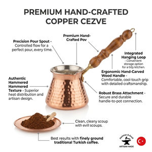 Cafetera Turca Cezve de Cobre Martillado Hecha a Mano con Mango Ergonómico de Madera y Revestimiento de Estaño, Cafetera Griega Briki para Estufa - Product Image 2