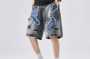 Men's Ripped <b>Denim</b> Bermuda Shorts Mid Waist Button Fly Casual Style Patchwork Design Breathable Woven Cotton <b>Material</b> - Product Image 4
