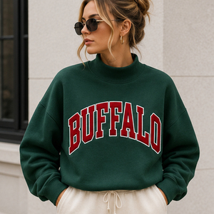 Custom Buffalo <b>Mock</b> <b>Neck</b> Sweatshirt Stadium Game Day Outfits Appliques Chenille Patchwork Collegiate Fleece Pullover Women <b>Tops</b> - Product Image 1