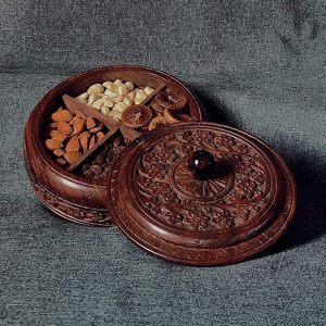Handmade Wooden Dry Fruits <b>Container</b> Hand-Carved <b>Snacks</b> Masala Box 4 Compartment Wooden Storage Organizer - Product Image 2