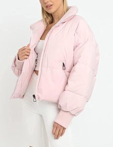 Women's Pink Quilted Jacket <b>Stand</b> Collar Full Sleeve Zipper Closure Solid Color Short Length Winter <b>Coat</b> - Product Image 5