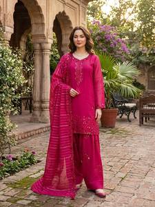 <b>Red</b> Silk Patiala Salwar Suit 3 Piece Set <b>Sequin</b> Embroidered Kurti Pagri Pants Wedding Party Wear - Product Image 5