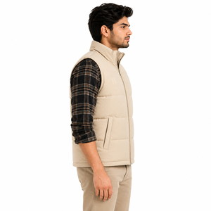 Gilet matelassé beige pour homme avec fermeture éclair, col montant, coupe-vent, rembourrage en polyester, vêtement d'hiver décontracté, vestes sans manches pour homme OEM B2B - Product Image 4