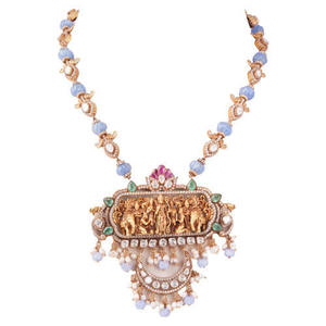 Collier Grand Temple Nakshi avec calcédoine, diamants Polki et perles pour femme, idéal pour les mariages - Product Image 2