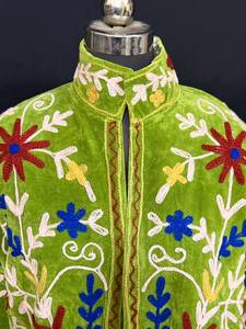 Handmade Green <b>Velvet</b> Floral Embroidered <b>Jacket</b> Designer <b>Women</b> Open Front Short Coat Kashmiri Style Festive Winter Outerwear - Product Image 4