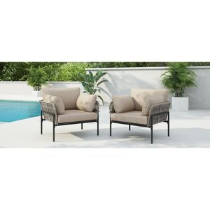 Set di 2 sedie lounge in ferro beige da 36 pollici con design in corda intrecciata e cuscini morbidi per il relax all'interno e all'esterno - Product Image 4
