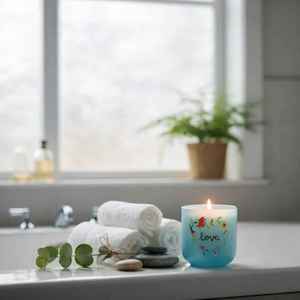 Vente en gros de pots à bougies en verre luxueux et magnifiques, faits à la main, finition bleu doux, motif floral en forme de cœur peint à la main, parfumés, longs, pour Noël - Product Image 2