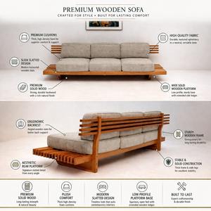 Mid-Century Modern Slatted Wood 3 Seater <b>Sofa</b> | Japanese Minimalist Solid Oak <b>Bench</b> Couch | Designer Low-Profile 3 seater <b>sofa</b> - Product Image 5