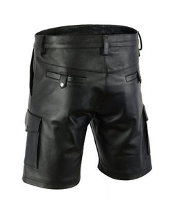Shorts en cuir noir pour homme, taille mi-haute, fermeture éclair, poches cargo, style motard - Product Image 4