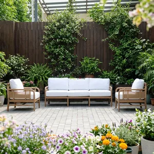 BALE LIVING Lisbon Outdoor Sofa <b>Set</b> <b>2</b> Seat PE Rattan Wood Frame White Cushions Contemporary Design Waterproof - Product Image 3