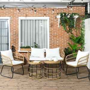 Set di Mobili da Giardino in Rattan PE Bianco Crema, 5 Pezzi, con Sedie Imbottite in Ferro, Divanetto, Tavolini, MOQ 1 Set - Product Image 2