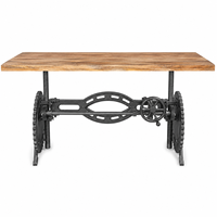 Table à mâmelle industrielle réglable avec base à engrenages, plateau en bois massif, mobilier de restaurant en métal