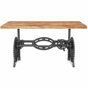 Industrial Crank Adjustable Dining Table with Gear Base Solid Wood Top Metal Restaurant Furniture - Product Image 2